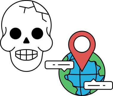 Yüzünde bir gülümsemeyle bir kafatası çizilir ve üzerinde bir nokta olan bir küre çizilir.