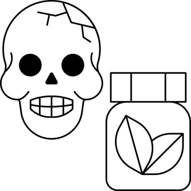 Bir kafatası bir kavanoz yeşil yaprağın yanında. Kafatası gülümsüyor ve kavanoz yapraklarla dolu.