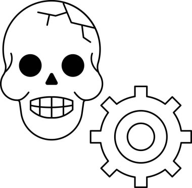 Arka planda dişli bir kafatası çizilir. Kafatası siyah beyaz çizilmiş.