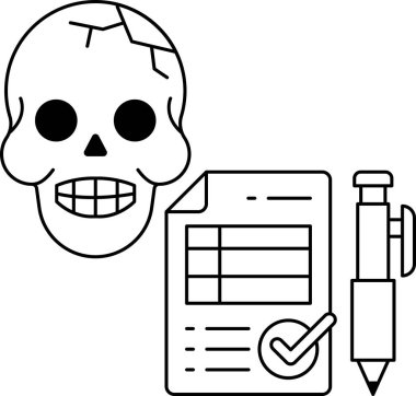 Üzerinde kalem olan bir kağıt parçasının yanına bir kafatası çizilir. Kafatası ve kağıt birlikte bir ölüm ve ölüm hissi yaratıyor.