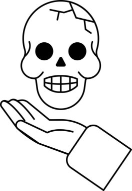 Bir el kafatası tutuluyor. Kafatası gülümsüyor ve dişleri var. El, kafatasını öyle bir şekilde tutuyor ki sanki ona bir hediye verilmiş gibi görünüyor.