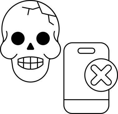Kafatası üzerinde X harfi olan bir cep telefonunun yanında. Kafatası kırılmış ve telefon kapalı.
