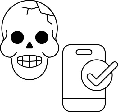 Kafatası, üzerinde kontrol işareti olan bir cep telefonunun yanında. Kafatası kırılmış ve telefon açık.