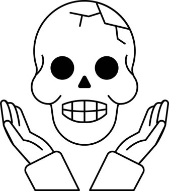 Yüzünde gülümseme olan bir kafatası el ele tutuşuyor. Kafatası gülümsüyor ve elleri açık, sanki birini karşılıyormuş gibi. Görüntünün neşeli ve dost canlısı bir tonu var.