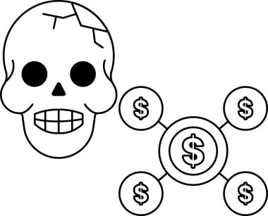 Ortasında dolar işareti olan bir kafatası çizilir. Kafatası dört dolar işaretleriyle çevrili.