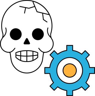 Yanında teçhizat olan bir kafatası. Kafatası gülümsüyor ve teçhizat siyah beyaz