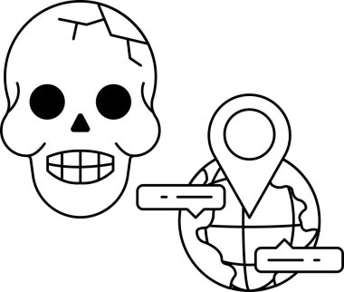 Yüzünde bir gülümsemeyle bir kafatası çizilir ve üzerinde bir nokta olan bir küre çizilir.