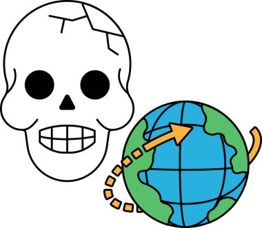 Bir kafatası bir kürenin yanına çizilir. Kafatası gülümsüyor ve dünya yukarı bakıyor. Dünya hakkında merak ve merak kavramı