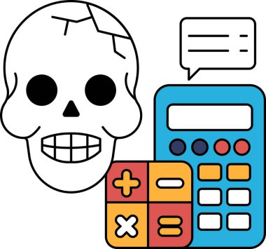 Kafatası hesap makinesinin yanındadır. Kafatası gülümsüyor ve hesap makinesi 1 ve 2 rakamlarını gösteriyor.