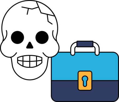 Bir kafatası gülümsüyor ve bir evrak çantası tutuyor. Kafatası takma diş takıyor ve sahte bir ağzı var. Evrak çantası açık ve anahtar deliği var.