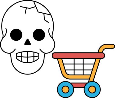 Bir kafatası bir alışveriş arabasının yanında. Kafatasının yüzünde bir gülümseme var.