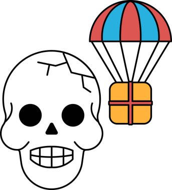 Kafatası ve çapraz kemikler, solda kafatası ve sağda balon. Kafatası gülümsüyor ve balon baş aşağı duruyor.