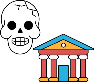 Sütunlu bir binanın yanına bir kafatası çizilir. Kafatasının kırık bir çenesi var ve dişleri yok. Bina, sütunları olan büyük, beyaz bir yapıdır. Çürüme ve ölüm kavramı