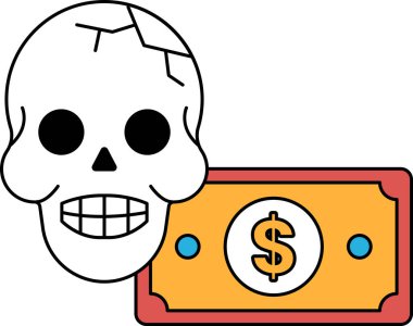 Bir kafatası bir dolarlık banknotun yanındadır. Kafatası kırılmış ve üzerinde bir dolar işareti var.