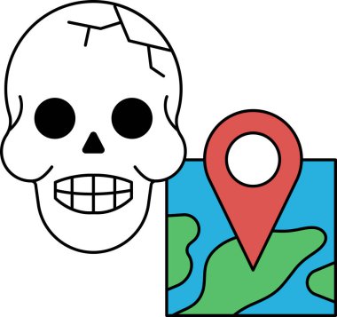 Arka planda bir şehrin haritası olan bir kafatası. Kafatası gülümsüyor ve harita bir yeri gösteriyor.