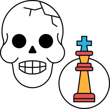 Üstünde satranç taşı olan kafatası ve çapraz kemikler. Kafatası gülümsüyor ve satranç taşı aşağı bakıyor.