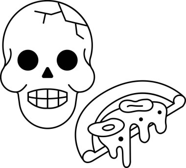 Bir kafatası bir dilim pizzanın yanındadır. Kafatasının yüzünde bir gülümseme var. Pizza dilimi peynirle kaplı.