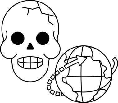 Bir kafatası bir kürenin yanına çizilir. Kafatası gülümsüyor ve dünya yukarı bakıyor. Dünya hakkında merak ve merak kavramı