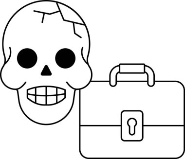 Bir kafatası gülümsüyor ve bir evrak çantası tutuyor. Kafatası takma diş takıyor ve sahte bir ağzı var. Evrak çantası açık ve anahtar deliği var.