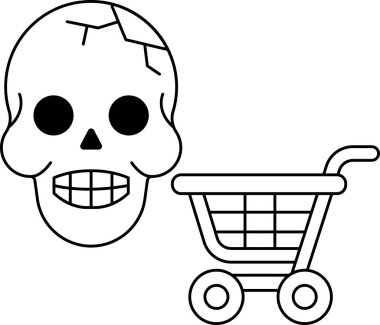Bir kafatası bir alışveriş arabasının yanında. Kafatasının yüzünde bir gülümseme var.
