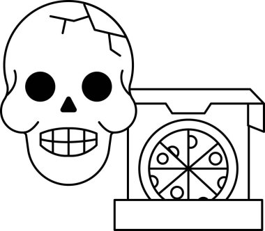 Kafatası pizza kutusunun yanında. Kafatası gülümsüyor ve pizza kutusu açık.