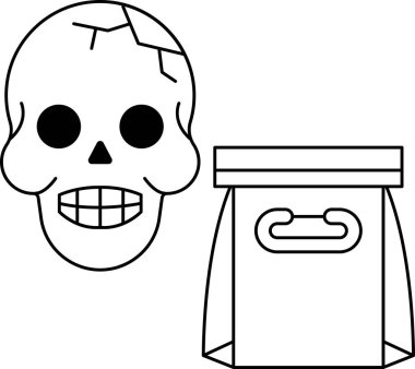 Bir kafatası gülümsüyor ve yanında bir torba varken ağzı açık duruyor. Kafatası ve çanta siyah ve beyaz.