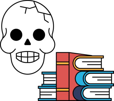 Bir yığın kitabın yanına bir kafatası çizilir. Kafatasının yüzünde, kafatasının kasvetli doğasıyla çelişen bir gülümseme vardır. Kitaplar üst üste yığılıp ağırlık hissi yaratıyor.