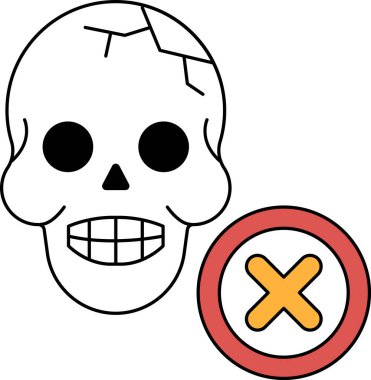 Gülen suratlı ve altında X olan bir kafatası. Kafatası gülümsüyor ve X 'in üzeri çizilmiş.