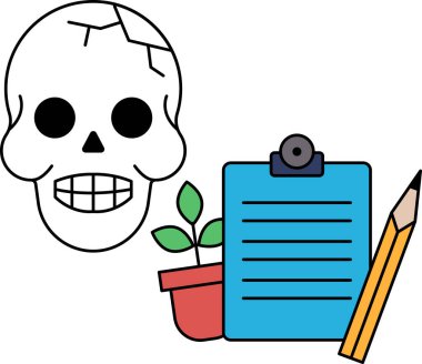 Bir kafatası bir kalem ve üzerinde bitki olan bir pano ile çizilir. Kafatası bir kap ve bir kalemle çevrilidir.