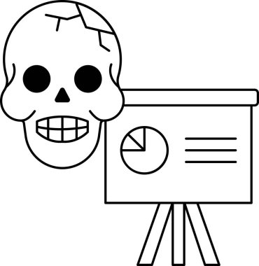 Bir kurukafa bir pasta grafiğiyle sunum tahtasında. Kafatası gülümsüyor ve pasta grafiği büyük bir dilim gösteriyor. Sahne neşeli ve komikti.