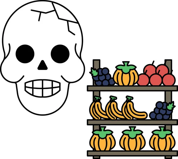 Bir kafatası gülümsüyor ve ağzı açık dururken, arkasında bir meyve ve sebze sergisi var.