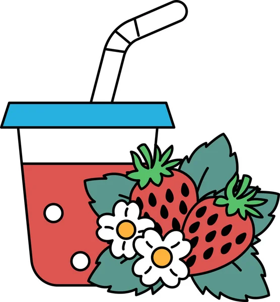 Bir bardak meyve suyu, pipet ve üstüne de çilek. Resmin neşeli ve neşeli bir havası var, çünkü taze meyveli renkli ve sağlıklı bir içecek sunuyor.