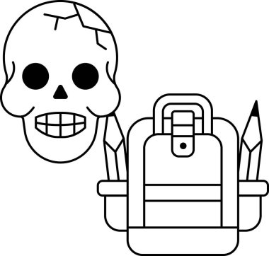 Sırt çantasının üstünde bir kafatası duruyor. Kafatasının yüzünde bir gülümseme var ve bir kalem tutuyor. Sırt çantası siyah ve fermuarı var.