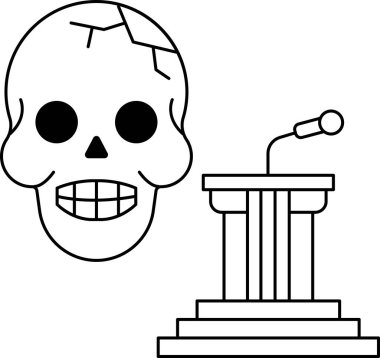 Kafatası ve mikrofon podyumda. Kafatası gülümsüyor ve mikrofon kafatasını işaret ediyor.