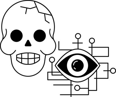 Yüzünde bir gülümseme olan bir kafatası bir gözün yanındadır. Kafatası, ortasında beyaz bir nokta olan siyah bir daire ile çevrilidir.