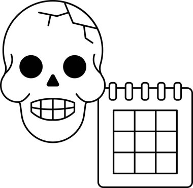 Bir kafatası takvim tutuyor. Kafatası gülümsüyor ve takvim siyah beyaz. Sahne neşeli ve şen şakrak