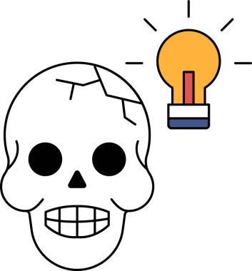 Üstünde ampul olan bir kafatası. Kafatası gülümsüyor ve ampul parlıyor. Yaratıcılık ve yenilik kavramı