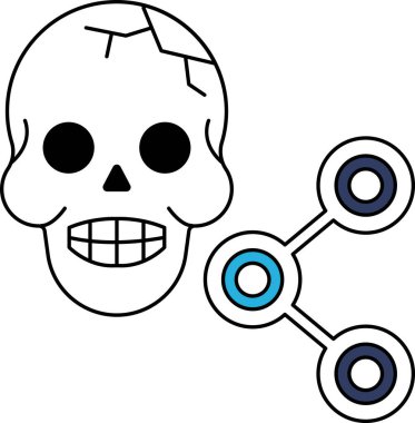 Gülen yüzlü ve siyah beyaz arka planlı bir kafatası. Kafatası üç daire ile çevrilidir.