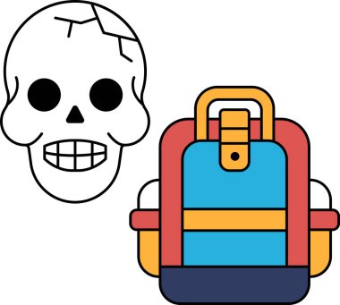 Bir kafatası ve bir sırt çantası siyah beyaz çizilir. Kafatasının yüzünde bir gülümseme var ve bir sırt çantası tutuyor. Sırt çantası açık ve fermuarı var. Görüntünün ürkütücü ve gizemli bir havası var.