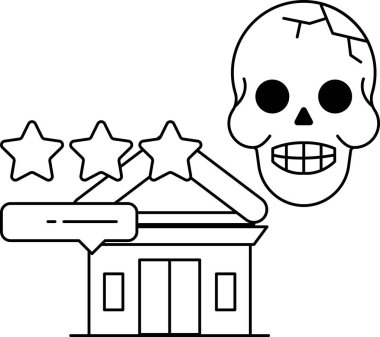 Üzerinde üç yıldız olan bir kafatası. Kafatası bir binanın önünde. Kafatası gülümsüyor ve yıldızlar parlıyor.