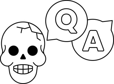 Skull ve QA beyaz bir arkaplanda. Kafatası gülümsüyor ve soru cevap veriyor. Kafatası ölümün sembolü soru sormanın sembolüdür.