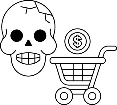 Üzerinde dolar işareti olan bir alışveriş arabasının yanında bir kafatası var. Kafatası gülümsüyor ve dolar işareti de gülümsüyor. Bu görüntünün neşeli ve neşeli bir havası var.