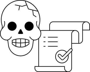 Kafatası, üzerinde işaret olan bir kağıt parçasının üzerindedir. Kafatası gülümsüyor ve kağıdın üzerinde bir işaret var.