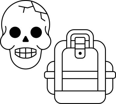 Bir kafatası ve bir sırt çantası siyah beyaz çizilir. Kafatasının yüzünde bir gülümseme var ve bir sırt çantası tutuyor. Sırt çantası açık ve fermuarı var. Görüntünün ürkütücü ve gizemli bir havası var.