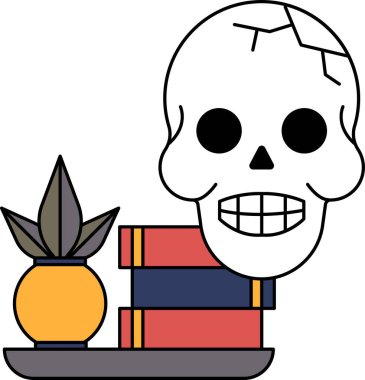 Yüzünde bir gülümseme ve yanında bir bitki olan bir kafatası çizilir. Kafatası kitaplarla çevrili. Bu da ölümün sembolü ya da bilginin sonu olduğunu gösteriyor.