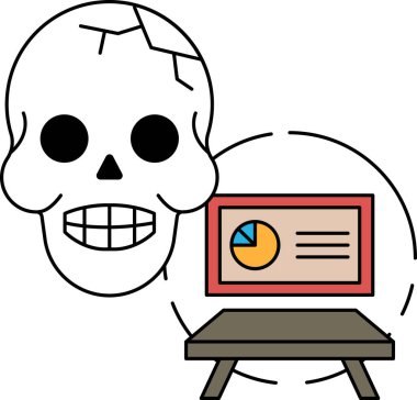 Bir bilgisayar monitörünün yanında bir kafatası gösterilir. Kafatası kırılmış ve üzerinde bir delik var. Bilgisayar monitörü bir grafik gösteriyor. Tehlike kavramı ve önsezi, kafatası gibi