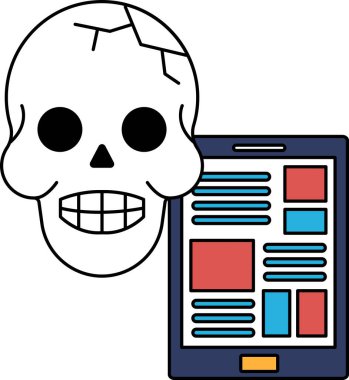 Bir kafatası gülümsüyor ve dişleri görünüyor. Tablet kafatasının yanında.