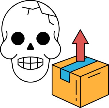 Kafatası ve kutunun üzerinde kafatası var. Kafatası gülümsüyor ve kutu kaldırılıyor.
