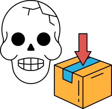 Kafatası, aşağı doğru ok olan bir kutunun yanındadır. Kafatası siyah beyaz çizilmiş ve zarar görmüş.