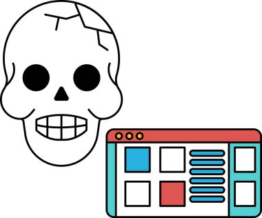 Bir kafatası, kırık bir yüz ve açık bir ağızla çizilir. Kafatası, üzerinde web sitesi olan bir bilgisayar ekranının yanında. Web sitesi bir alışveriş sitesidir.